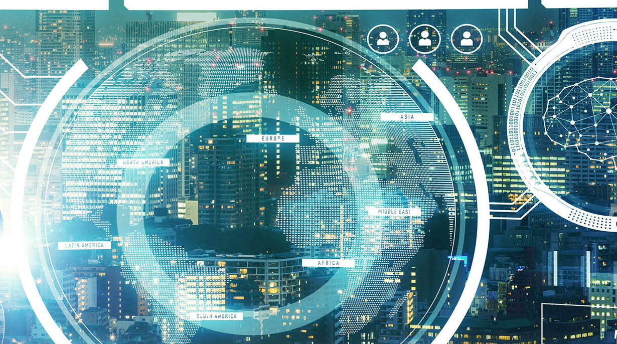 Fortgeschrittene globale Technologie-Datenvisualisierung mit Weltkugel, Städten, Netzwerken und Kreislaufsymbolen.